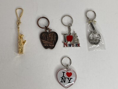5 New York Keychain/Rings 4-Metal w/Statue of Liberty 1-Plastic w/I Heart NY  