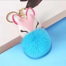 KEYRING FOX POM POM KEYCHAIN FAUX FUR FLUFFY BAG CHARM JEWELRY AQUA BLUE
