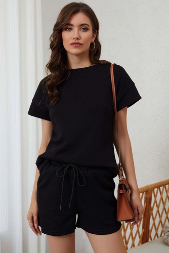 Black 2pcs Solid Textured Drawstring Shorts Set - Picture 5 of 12