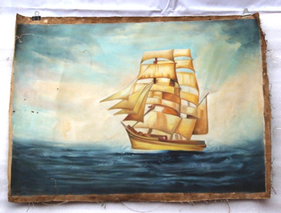Vintage CANVAS Oil Painting SHIP IN OCEAN FINE ARTIST Handmade