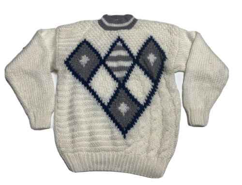 JT Beckett Men's Size L 42-44 Sweater Hand Knit Chunky White Gray Blue New Gift - Foto 1 di 12