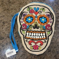 NEW Hippie Bohemian Festival Day of The Dead Sugar Skull Wristlet Purse  Blue