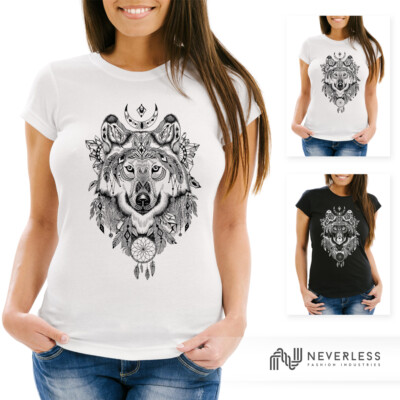 Women's Wolf Dreamcatcher Atzek Pattern Boho Atzec Ethnic Neverless  T-Shirt