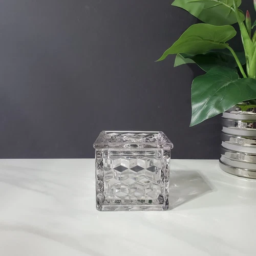 Fostoria American Pattern Cubist Square Hair Receiver with Lid