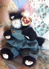 TY Purrcy Black  White Cat w/ Blue Overalls Green Eyes Attic Treasures 1993