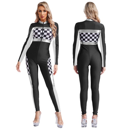 Womens Speed Race Car Driver Halloween Checkerboard Bodysuit Racing Costume - Picture 23 of 32