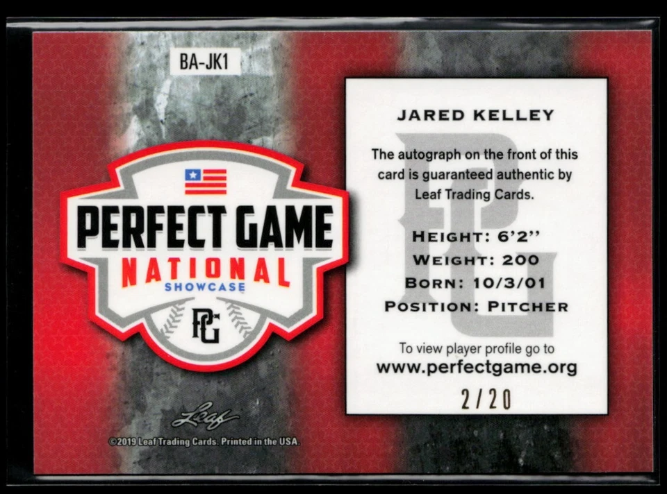 2019 Leaf Perfect Game National Showcase Metal Auto Blue BAJK1 Jared Kelley 2/20 - Image 2 of 2
