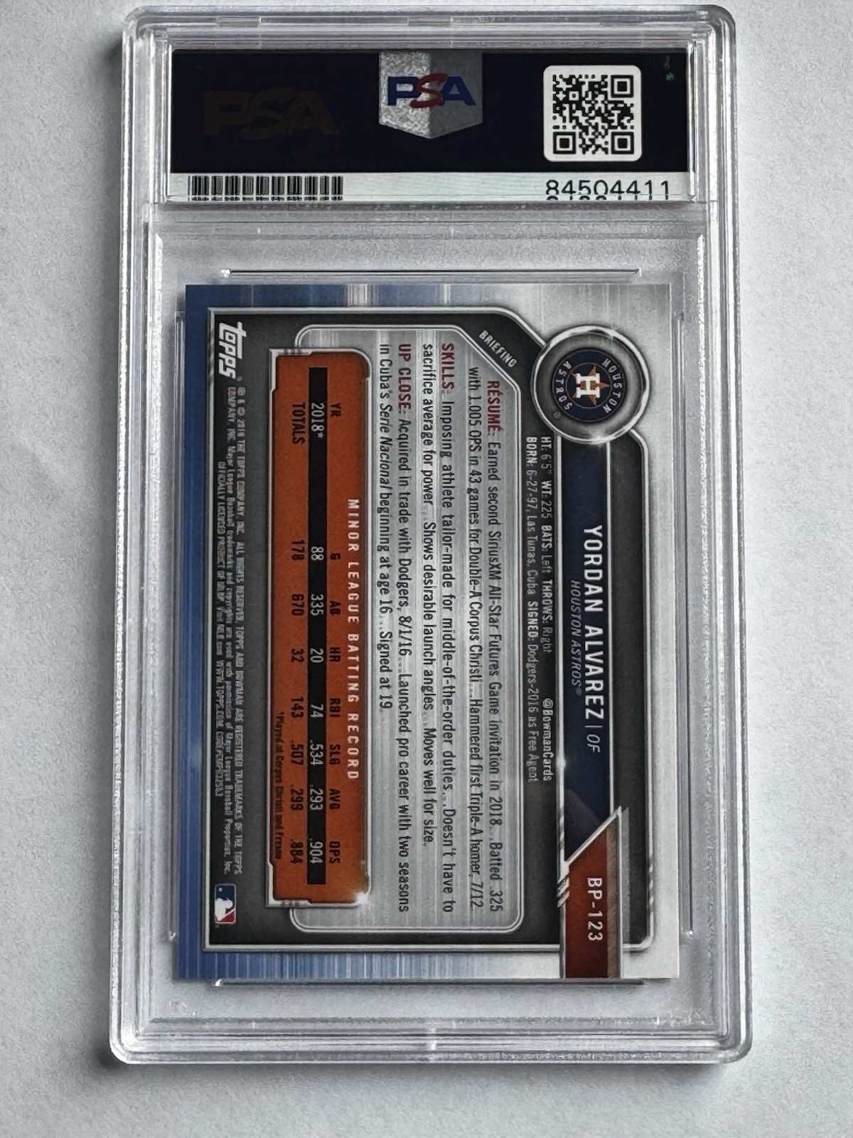 2019 Bowman Prospects Yordan Alvarez #BP-123 (RC) Autographed PSA Certified view 2