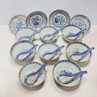 Chinese Dragon Blue White Porcelain Bowl Set 20pc Macau Vintage Gilt Detailing