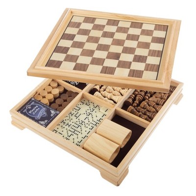 Wooden Travel Set Game Chess Dominoes 7 Games Cards Dice
