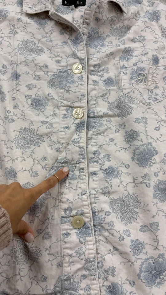 LRL Ralph Lauren Pajama Set Womens Large Blue White Floral Button Front Top - Image 3 of 4