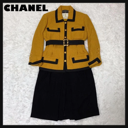 CHANEL Set Gonna Giacca Tweed Senape e Nero con Cintura Donna Taglia M Aut