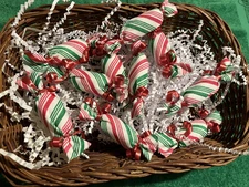 PRIMITIVE CHRISTMAS RED/WHITE STRIPES   KISSES/CANDY(FAKE) SET 10 BOWL FILLERS