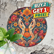 Boho Floral Pattern Vibrant Round Metal Tin Sign Wall Decor 8x8