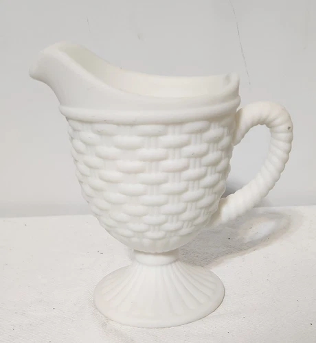 VINTAGE Imperial White Milk Glass Basket Weave Footed Creamer Pitcher 7 in