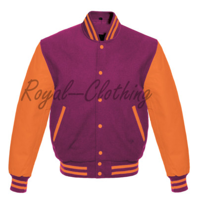 Varsity Letterman Baseball Pink Wool & Orange Genuine Leather Sleeves Jacket