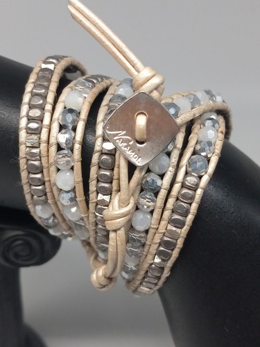 NAKAMOL Leather Frosted Clear Crystal & silvertone beads wrap bracelet - Picture 6 of 7