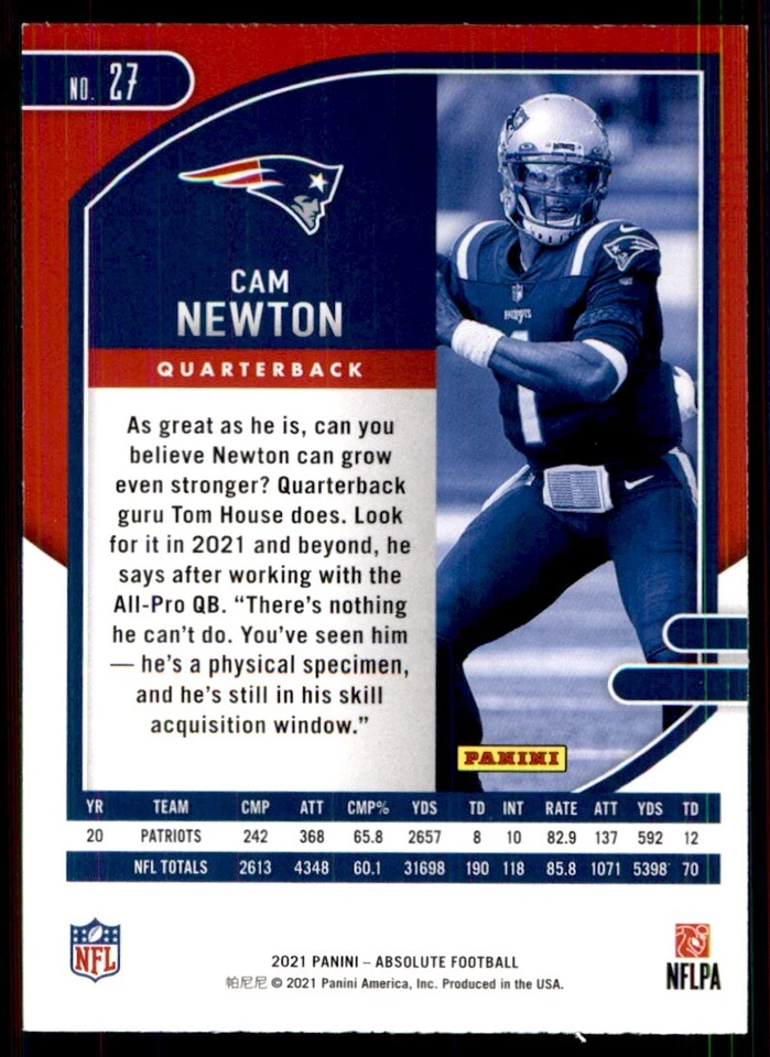 2021 Panini Absolute Cam Newton New England Patriots #27 - Image 2 of 2