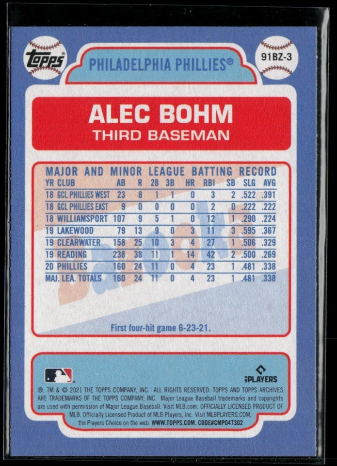 2021 Topps Archives '91 Bazooka Shining Stars #91BZ-3 Alec Bohm RC - Image 2 of 2