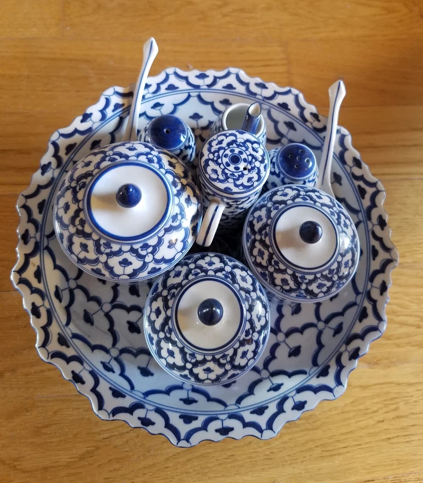 Hand Painted Porcelain Complete Kitchen Set 10 Pieces Blue/white Foto 2 de 4