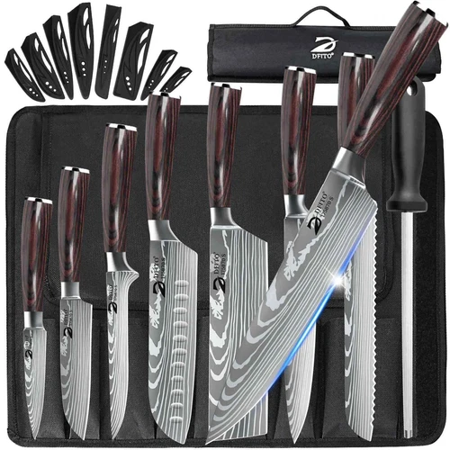 9Pcs Kitchen Knives Set Stainless Steel Japanese Damascus Chef's Knife Cleaver