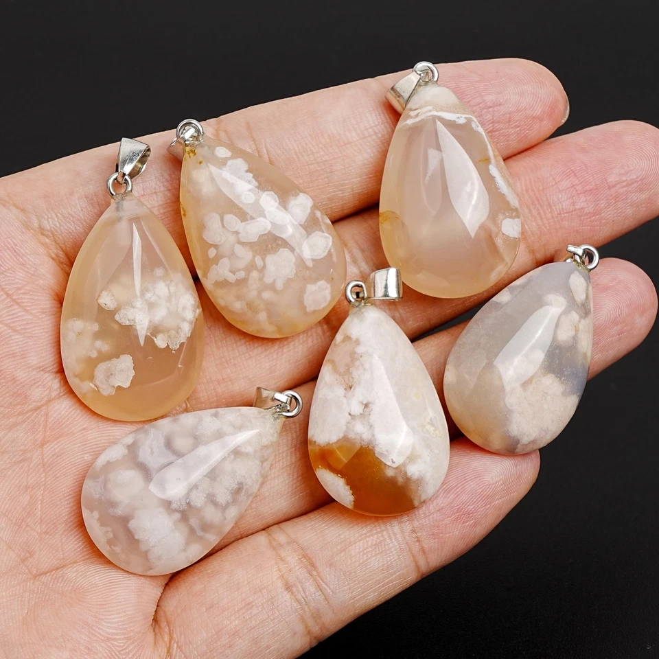 Colgante de piedras preciosas curativas perforadas con tapa de ágata flor de cerezo lágrima rosa natural Foto 3 de 4