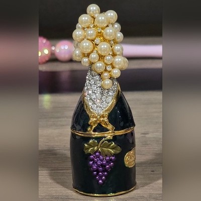 Rucinni Jeweled Trinket Box Champagne Bottle Green w/Pearls & Crystals Gold Trim
