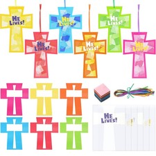 24 Sets Easter He Lives Cross Crafts Kit Religious Cross DIY Tissue Paper for...