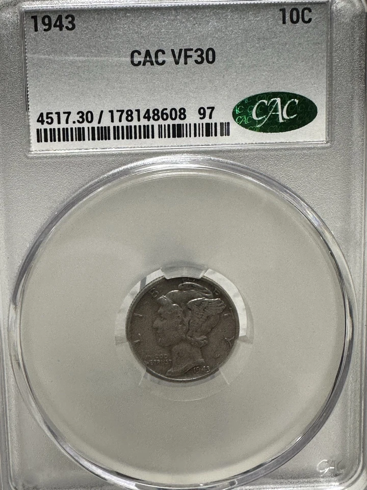 1943 Mercury Dime Ten Cent Coin, 90% Silver CAC VF30 Graded - Image 3 of 4