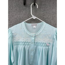 Miss Elaine Women's Med Turquoise Blue Embroidered Lace Smoked Nightgown