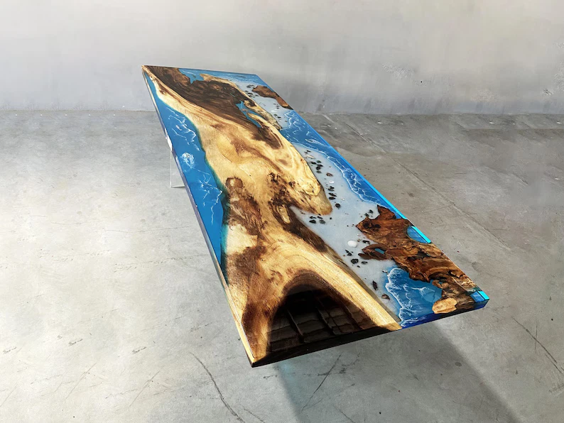 Walnut Epoxy Resin Dining Table Blue Ocean Resin Table,Tropical-style Decor - Image 3 of 4