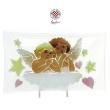 RARE Peggy Karr CHERUBS 10" Rectangular Tray Fused Glass Cupids Hearts Stars Vtg