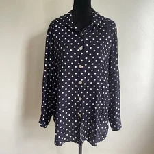 Vintage 80s Silver Threads Navy Polka Dot Blouse Shoulder Pads USA Dark Academia