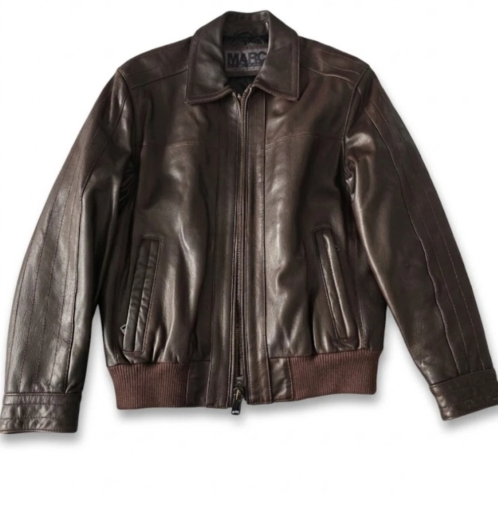 Marc New York  Men's Brown Leather Bomber Jacket Quilted Lined Sz M image 1