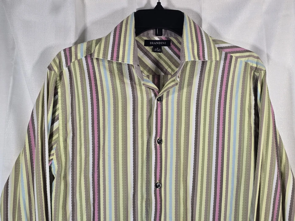 Brandini Yellow Striped Dress Shirt With French Cuffs Mens Size Small - Image 3 of 4
