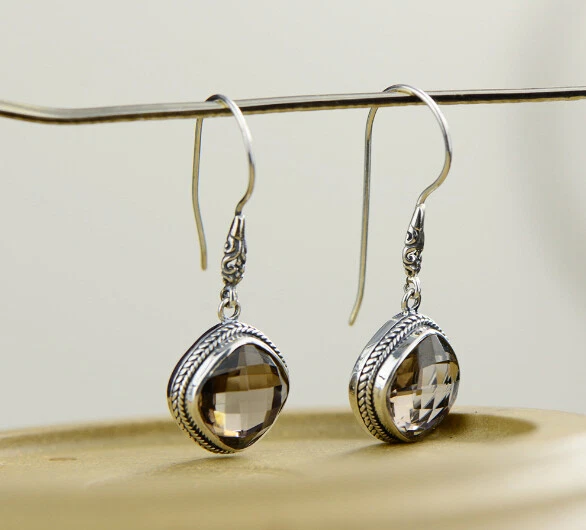 T09 Orecchini Quarzo Affumicato Braun Quadrato Rombo 925 Argento Sterling - Immagine 3 di 4