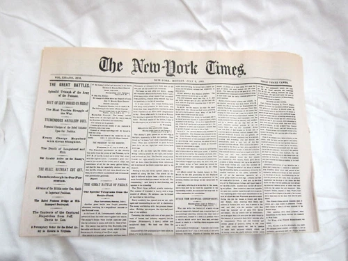 NEW YORK TIMES, JULY 6, 1863-THE GREAT BATTLES-ROUTE OF LEE'S FORCES NEWSPAPERS - Picture 1 of 4