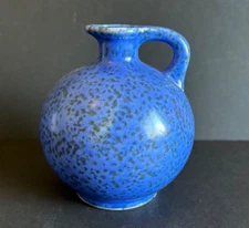 Vintage MCM Blue Speckled Round Ceramic Handled Jug Pitcher Vase Japan 5 inches