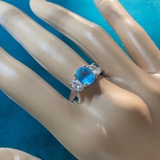 925 Sterling Silver Genuine Blue Topaz Clear CZ Three-Stone Ring SZ 9.75