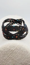 Boho Black, Red and Blue Beaded Basket Weave Stretch Cuff Bracelet