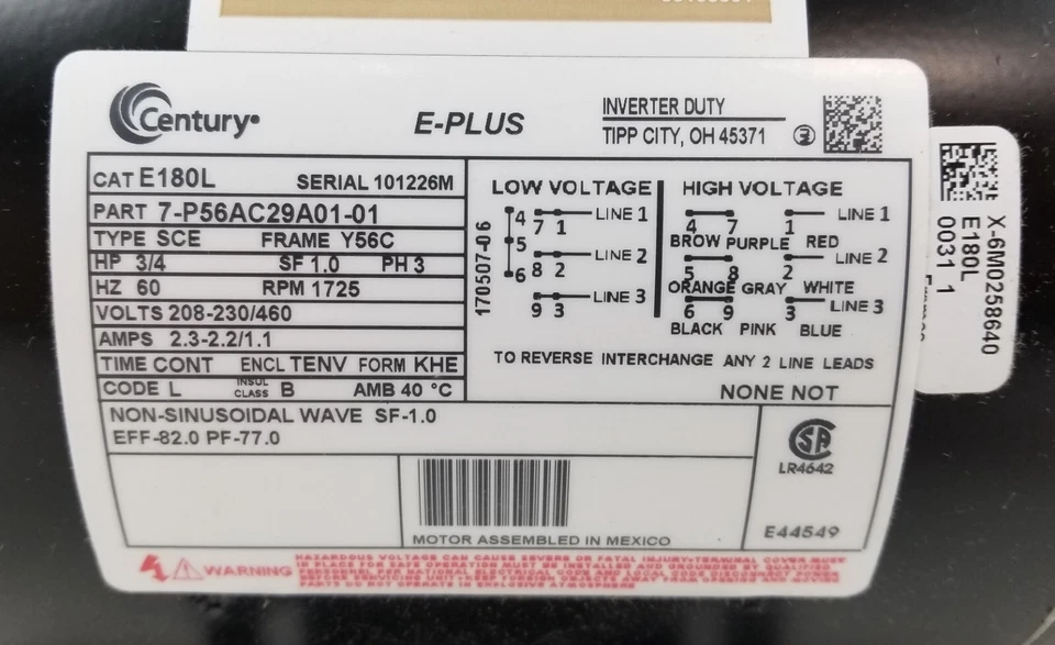 Century E180L E-Plus Speed Ratio Motor 1725RPM 208-230/460Vac 3Ph 60Hz 3/4HP NEW - Image 4 of 4