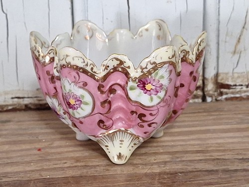 Antico piatto condimento caramelle porcellana rosa smerlato bordo oro dipinto a mano - Foto 12 di 12
