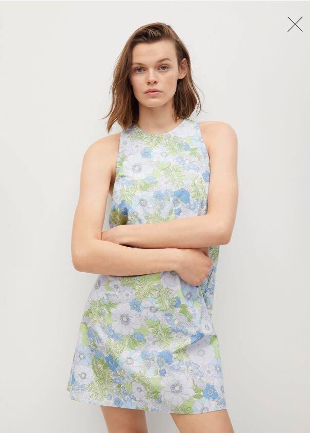 100% Cotton! MNG Mango Blue Green Purple Floral Crisscross Strap Dress US Sz 4
