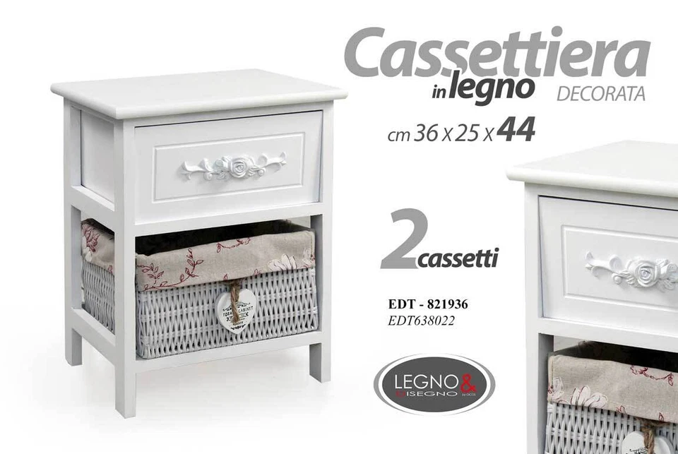 COMODINO CUORE PENDENTE 2 CASSETTI DECO LEGNO BIANCA CESTA VIMINI 44*36*25 cm - Immagine 3 di 4