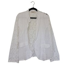 Italian Linen Blazer Women's Large F Agosto White Sheer Lace Jacket Quiet Luxury