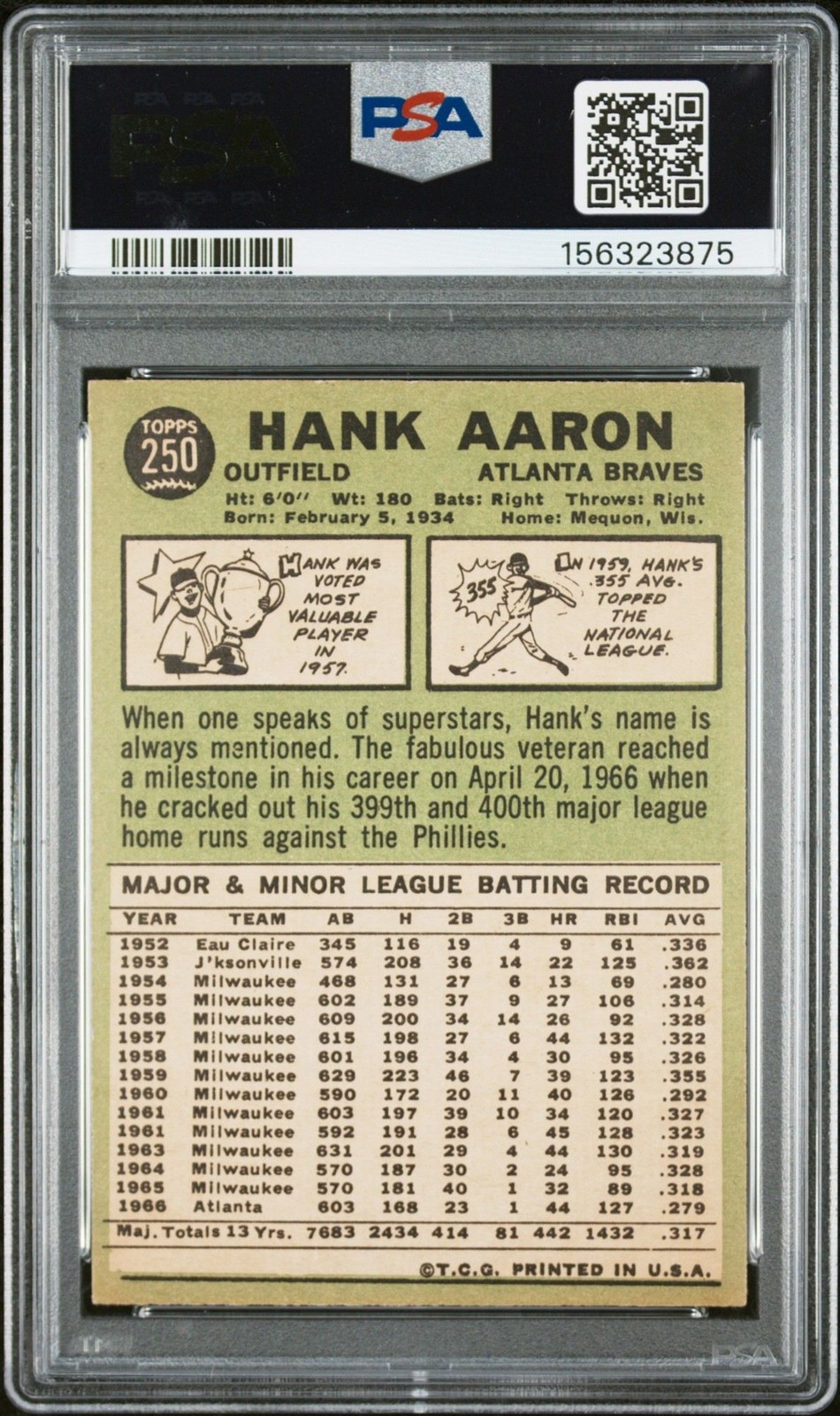 Hank Aaron 1967 Topps PSA 4 #250 Atlanta Braves view 2