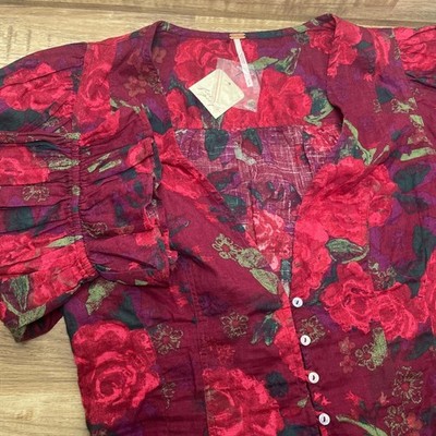 Free People I Found You Top Blouse Button Flounce Cuff Smocked Trim Curved Hem M