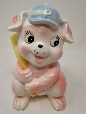 Vintage Inarco E4076 Puppy Dog Baseball Player Ceramic Planter Japan Pink Blue