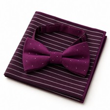 Men s Burgundy Bow Tie Pocket Square Set Polka Dot Striped Formal Adjustable