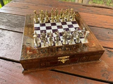 Pearl Chessbox w Unique Chessboard - Historical Chess Piece - Handmade Game Set